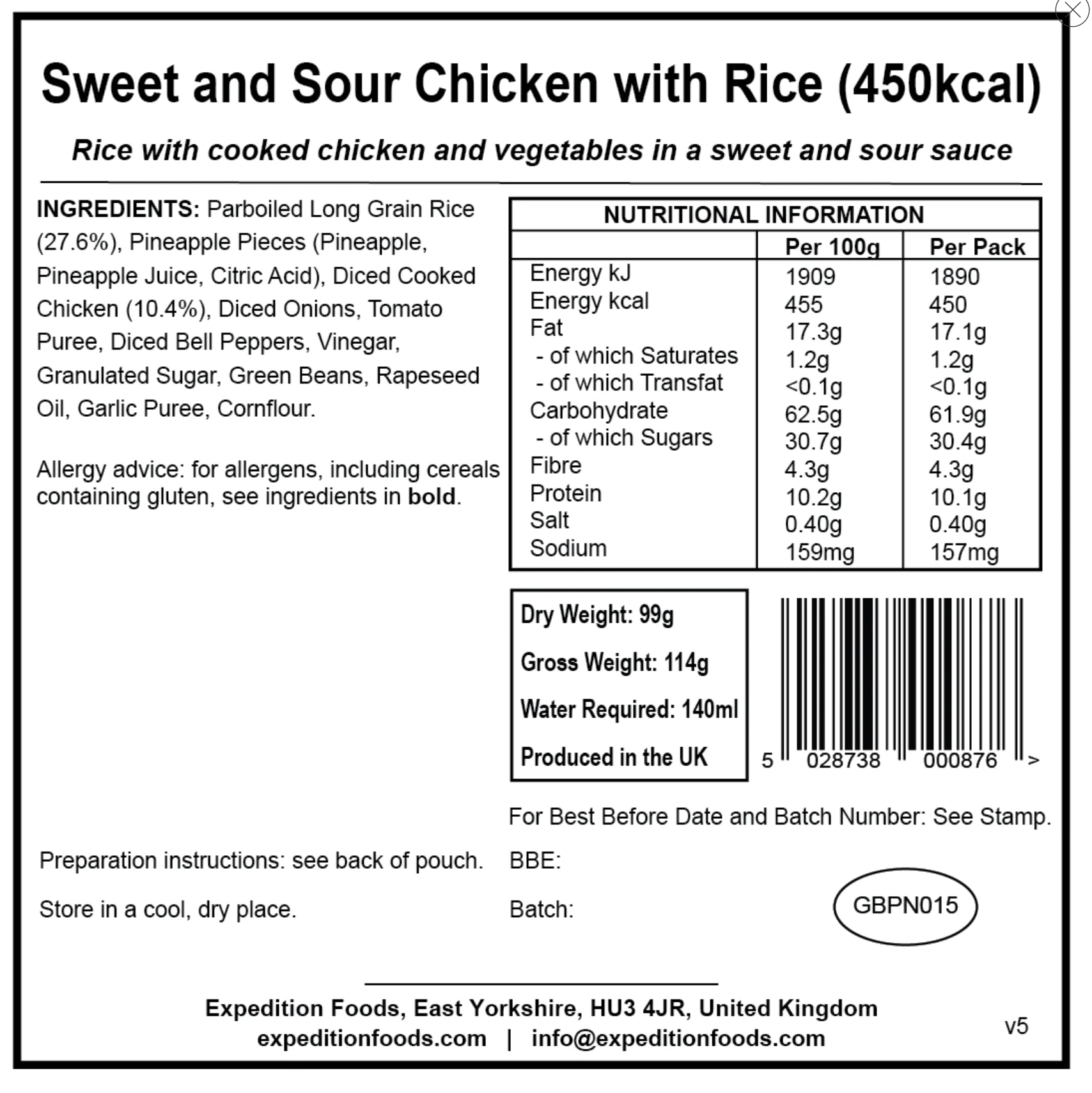 Expedition Foods Sweet and Sour Chicken with rice 450KCAL