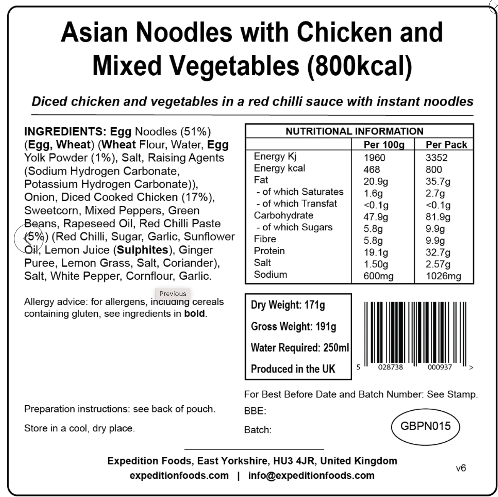 Expedition Foods Asian noodles with chicken and mixed vegetables 800KCAL