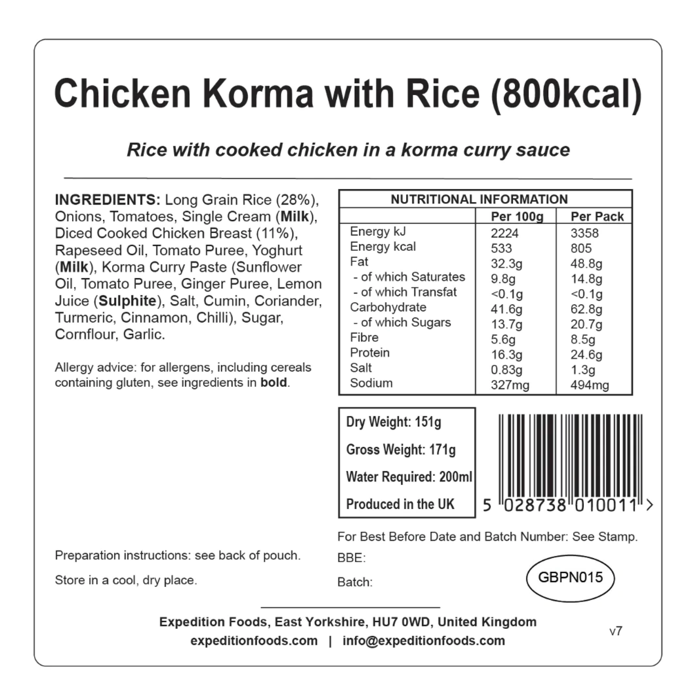 Expedition Foods Chicken Korma with Rice 800KCAL