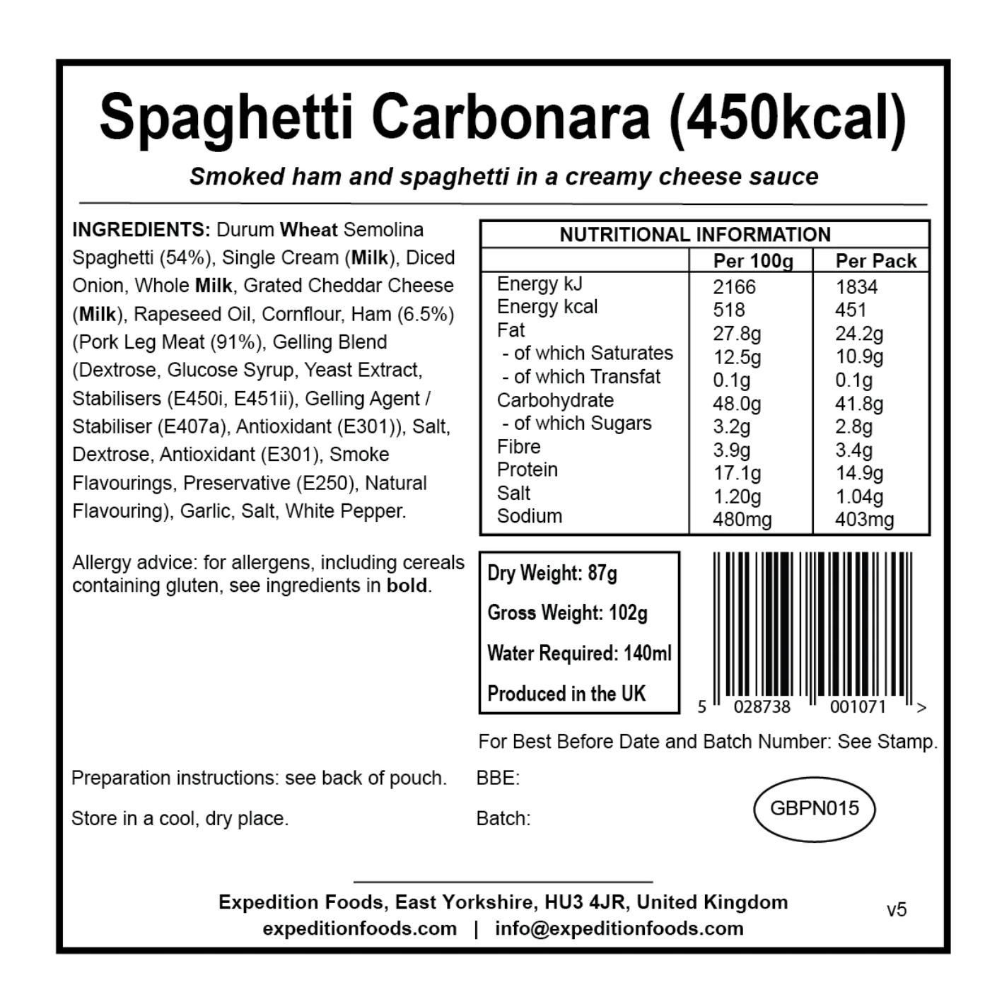 Expedition Foods Spaghetti Carbonara 450KCAL