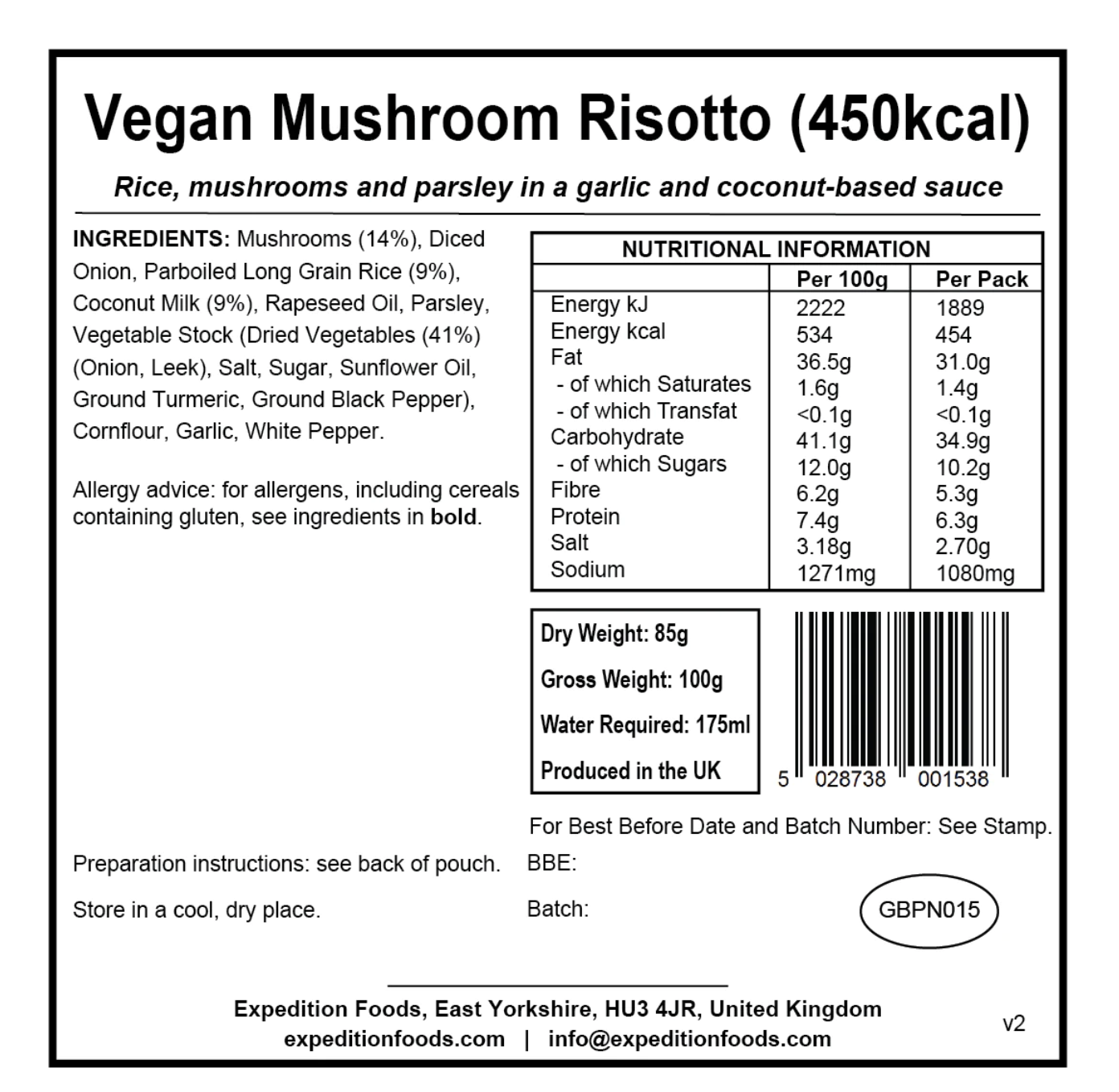 Expedition Foods Vegan Mushroom Risotto 450KCAL