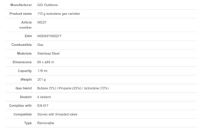 GSI Isobutane Gas Canister 110g